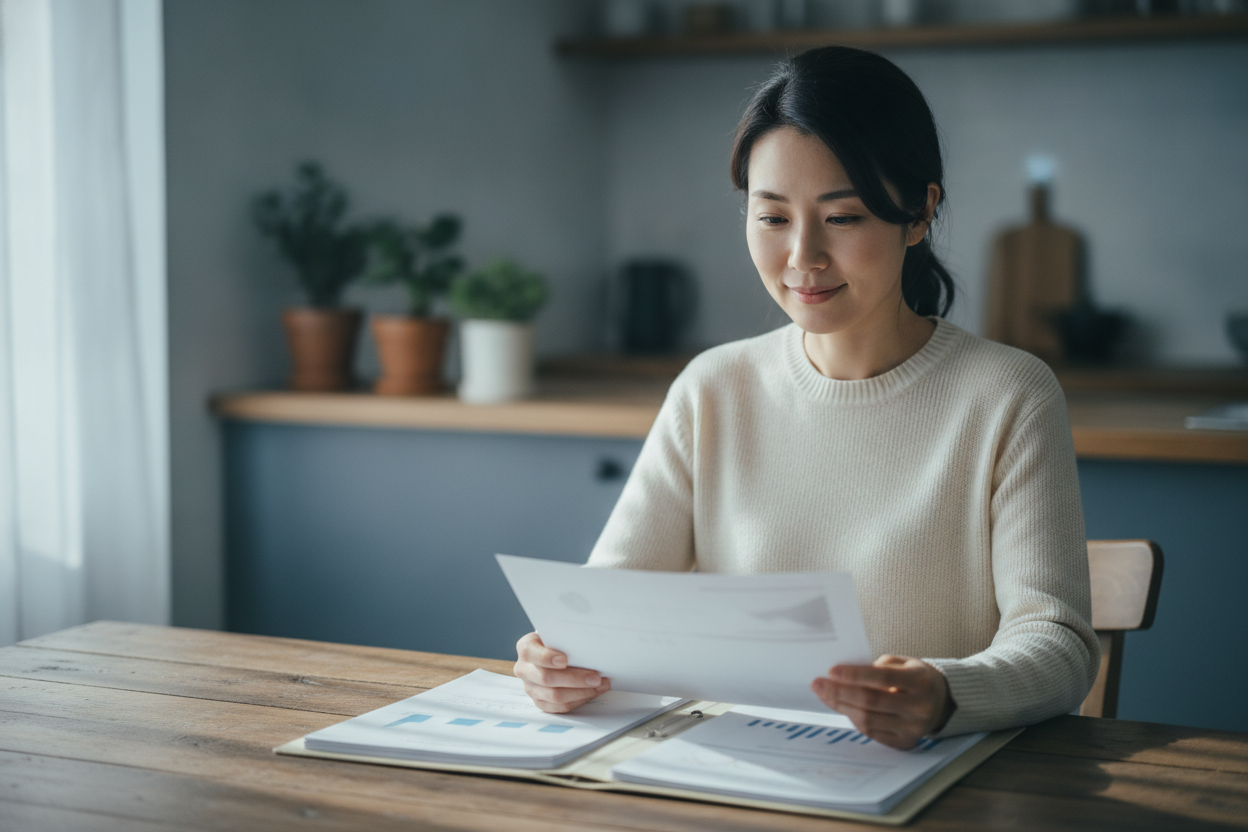 A woman calmly reviewing an organized folder of documents at her table