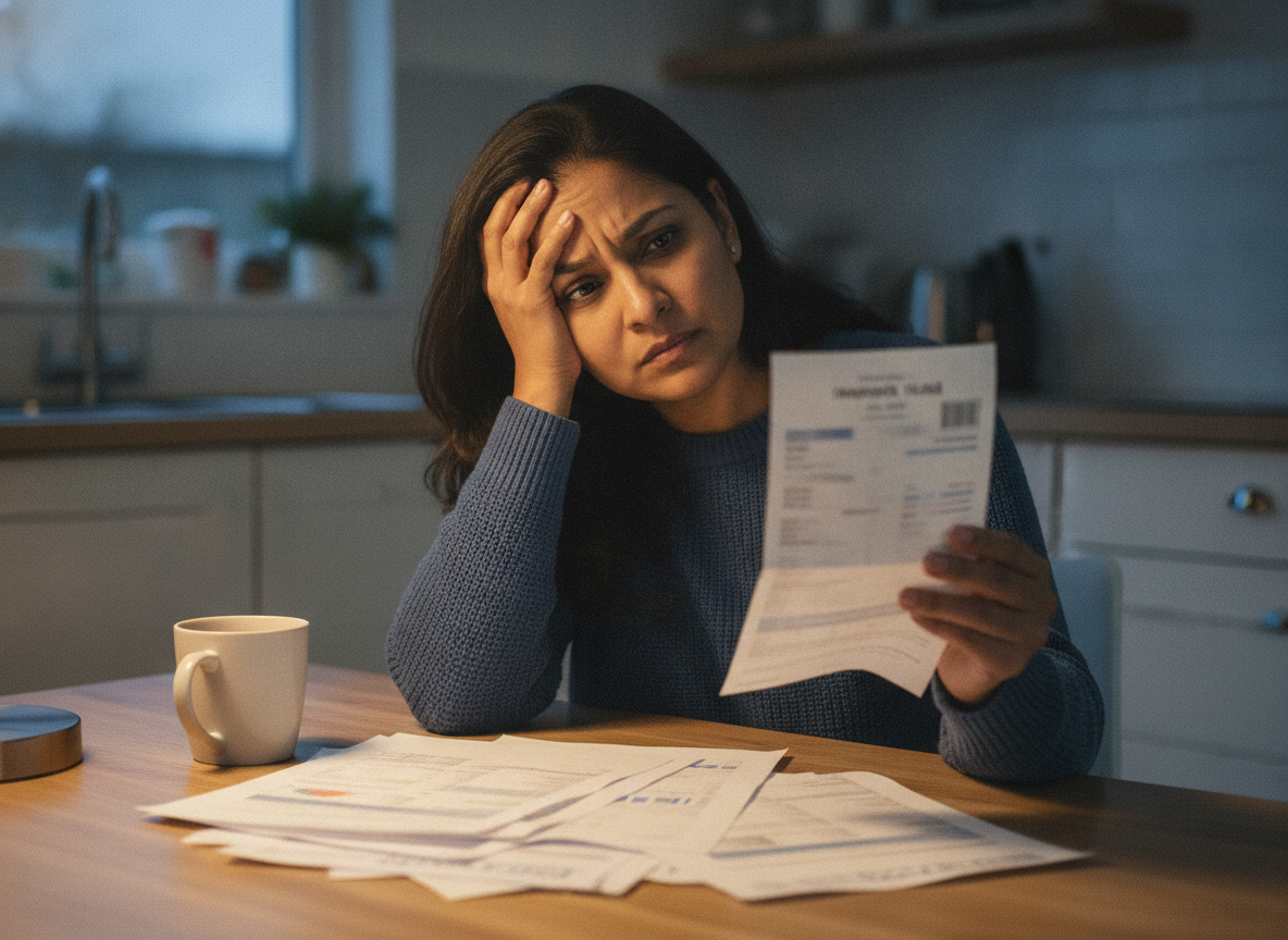 A woman at her kitchen table looking over a confusing medical bill