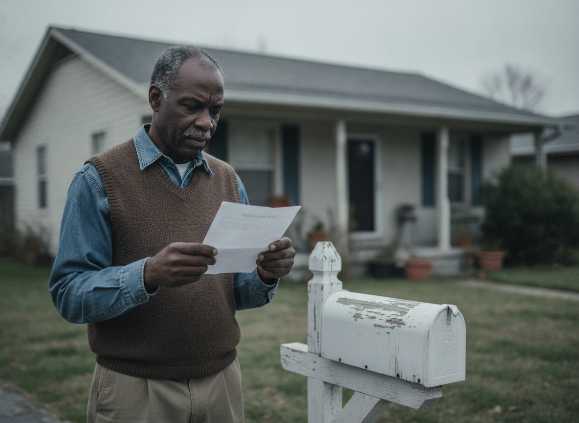 An older man outside his home reading a collection notice by the mailbox