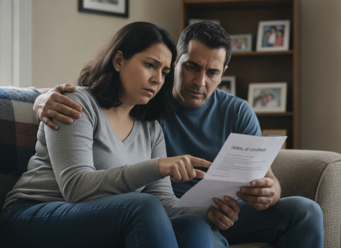 A couple at home reading a denial-of-coverage letter together